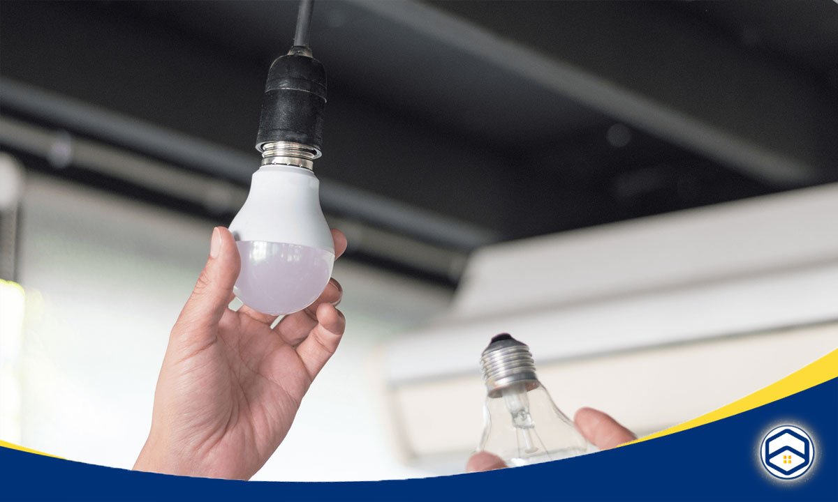 A person is holding a modern LED light bulb while replacing an old bulb in a socket this is one of Energy-Saving Tips For Renters