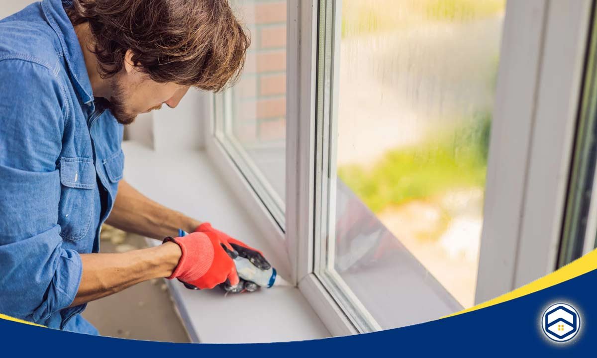 A man in a blue shirt and red gloves is applying sealant to a window frame.