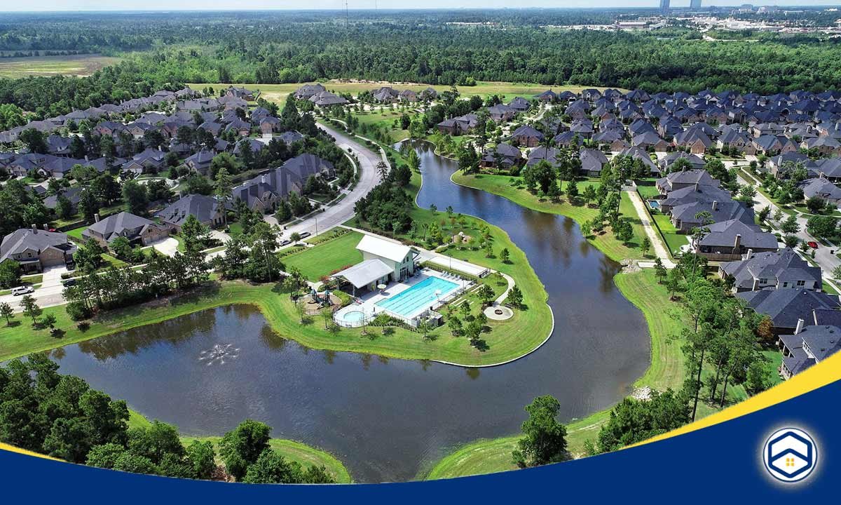 An image showcasing the scenic beauty and community features of Harpers Preserve, one of the best neighborhoods in Conroe, TX