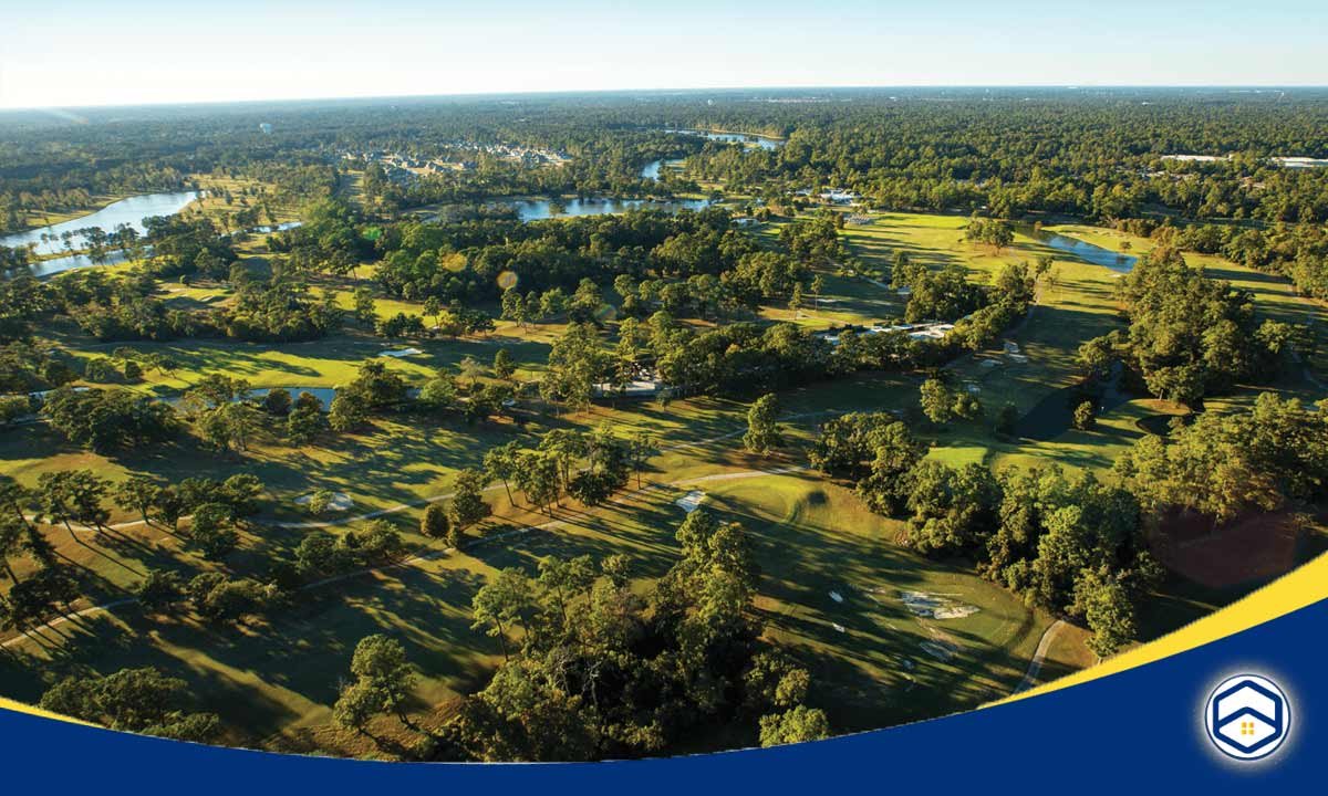 An aerial view of the lush greenery and scenic landscapes of Heritage Reserve, highlighting it as one of the best neighborhoods in Conroe TX.