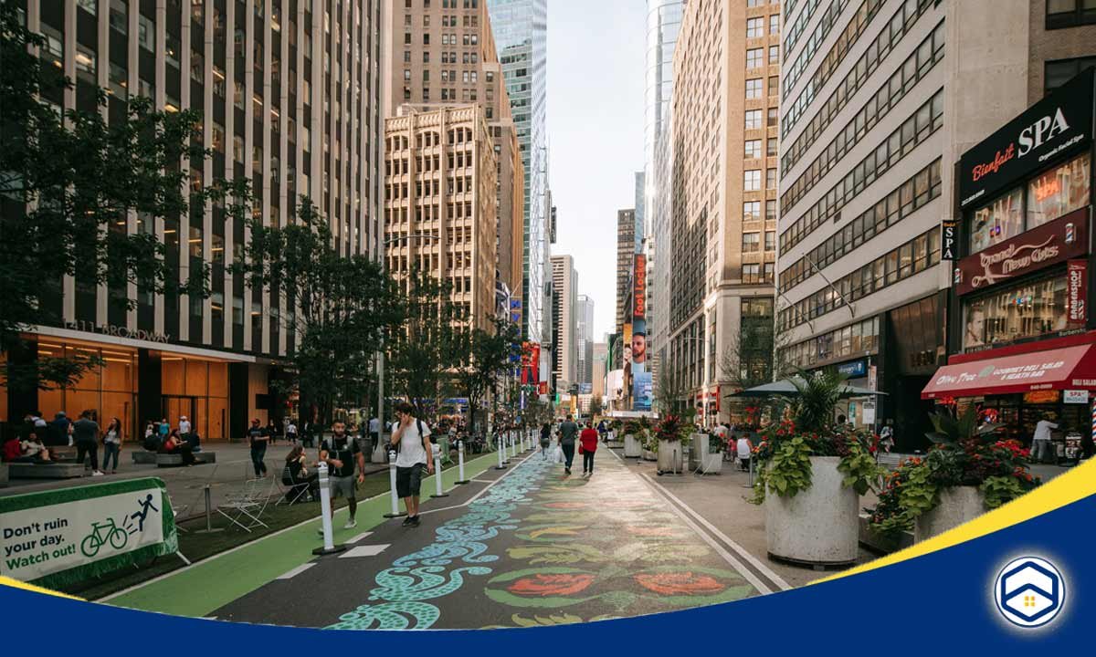 A vibrant street scene in Midtown, featuring pedestrian-friendly pathways