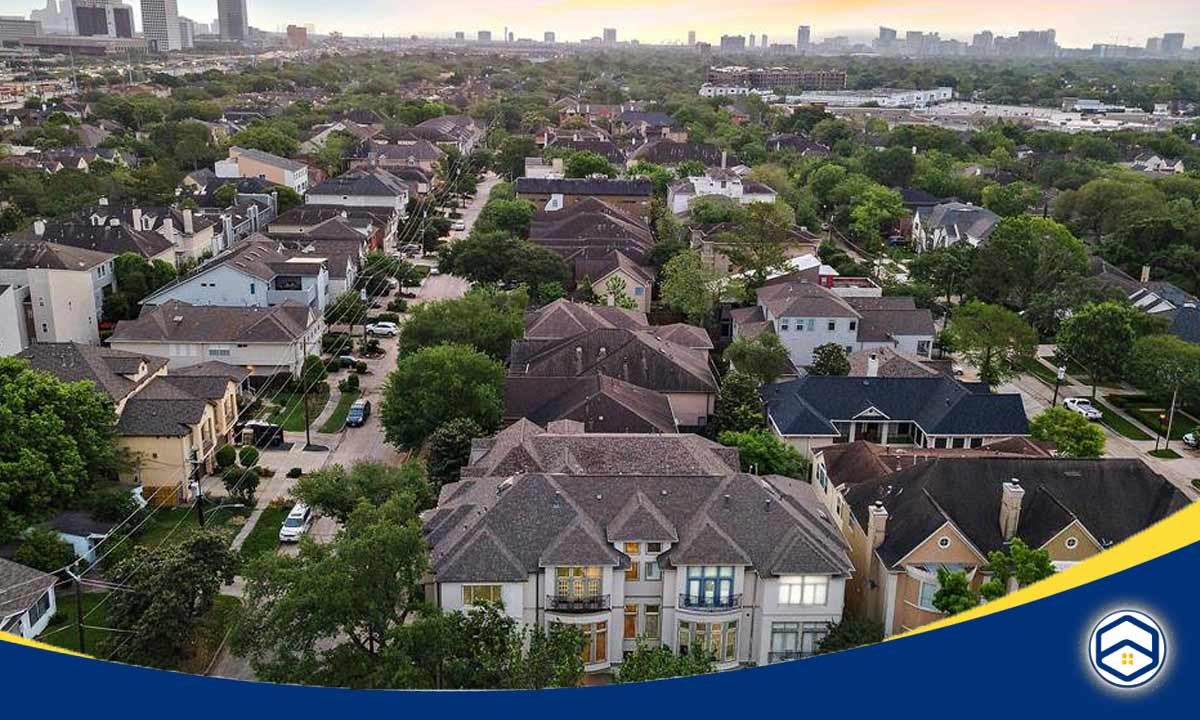 Aerial view of West University Place in Houston, showcasing its charming residential streets and well-maintained homes.