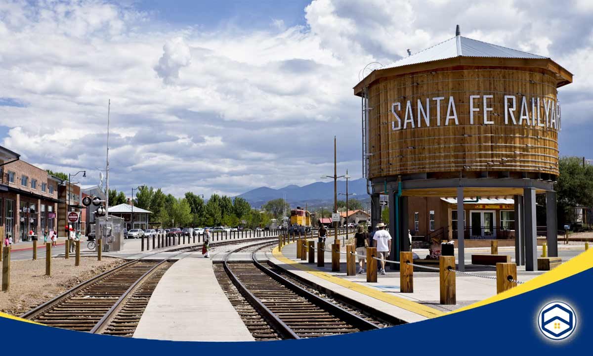 A view of the Santa Fe Railyard, featuring its iconic water tower and surrounding shops