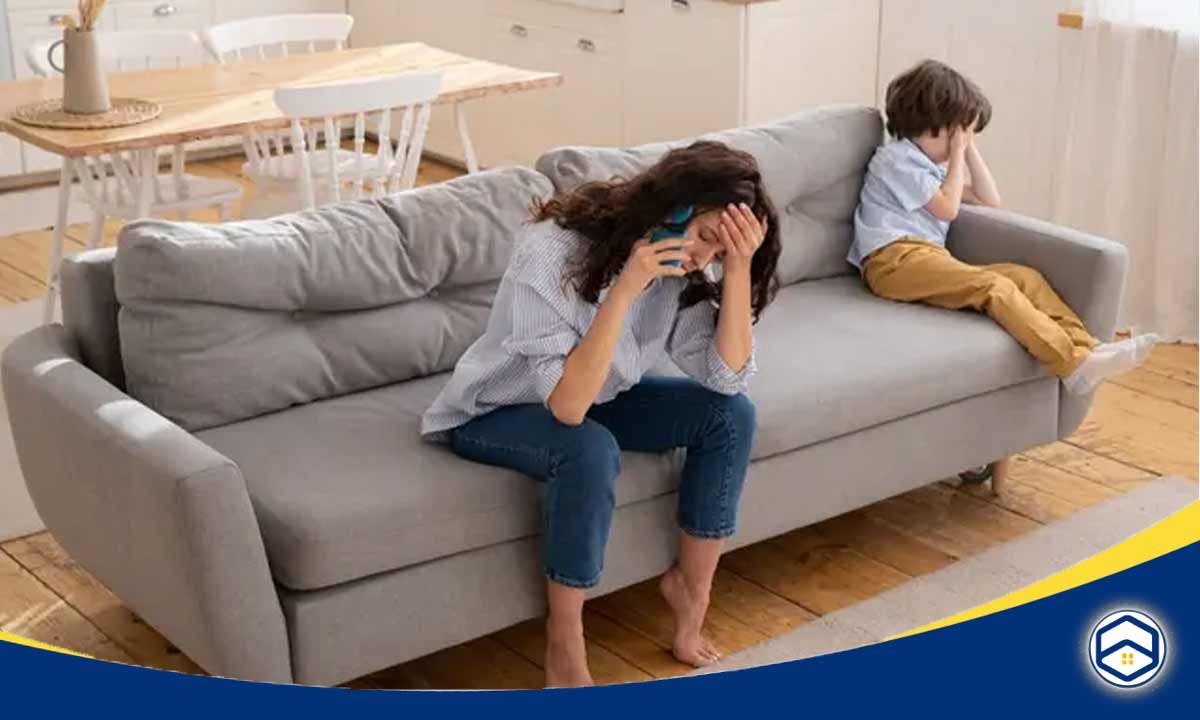 The image depicts a distressed woman on the couch, which could suggest the potential for noise and lack of privacy that can be a downside of living in an apartment.