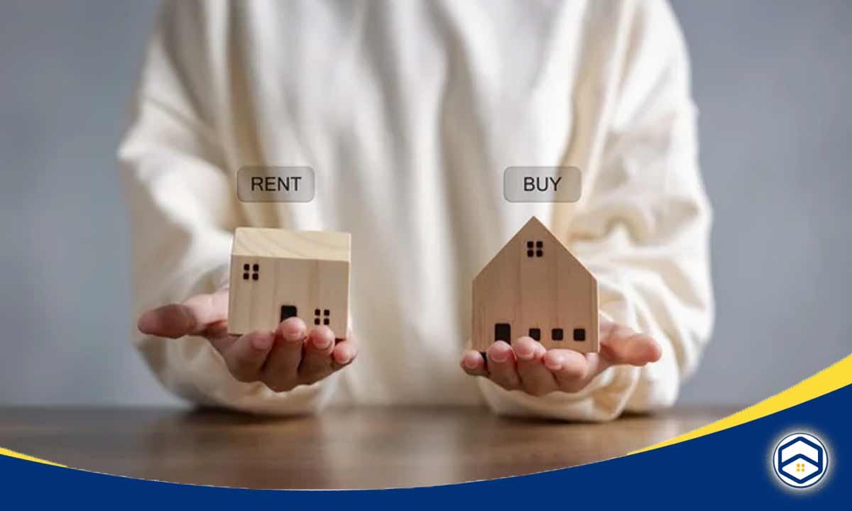 An individual holds two wooden house models labeled "RENT" and "BUY," symbolizing the financial considerations of renting vs. buying a condo.