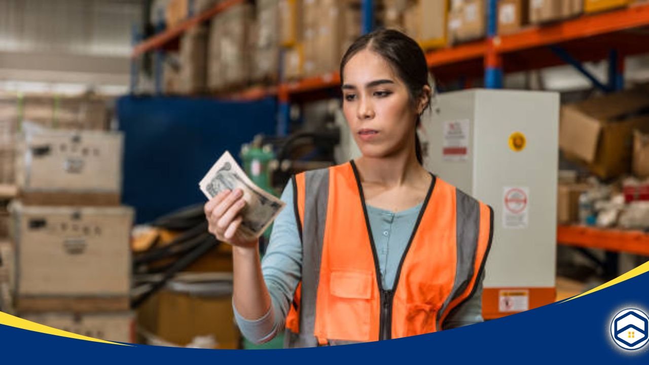 Female worker holding cash in a warehouse setting.