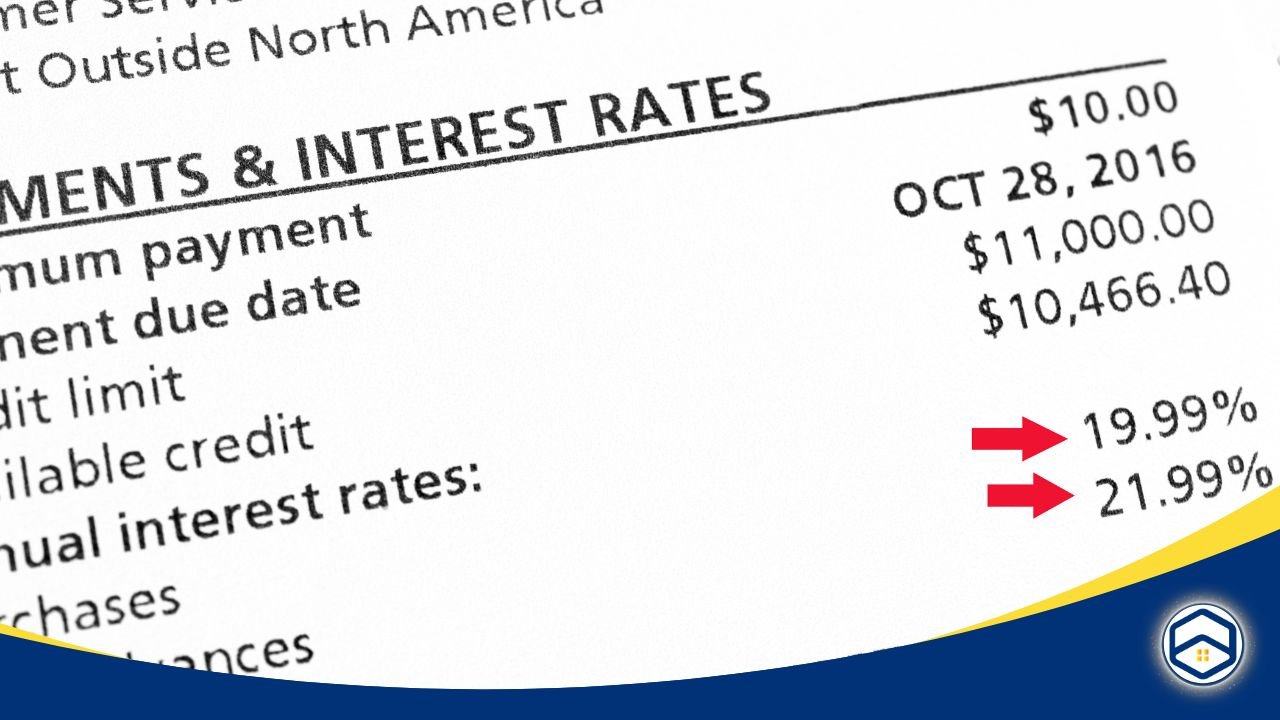 Credit card statement showing interest rates and balances due.