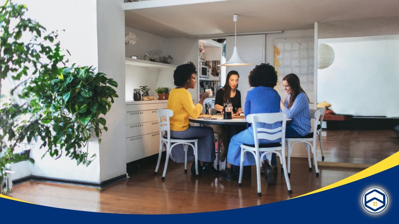 Group of women dining together in shared housing.