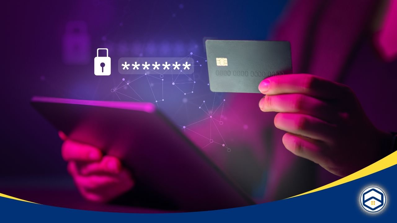 Person holding a credit card and tablet with a digital security icon overlay.