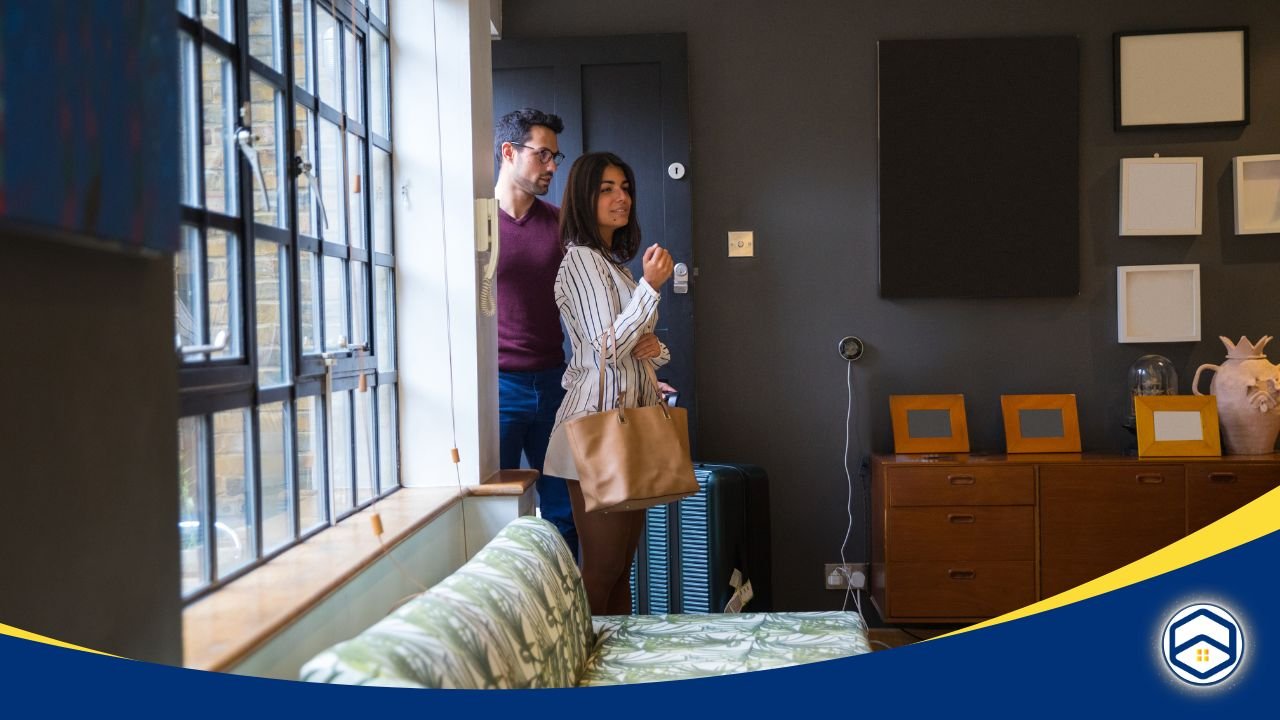 Couple entering an apartment for a tour.