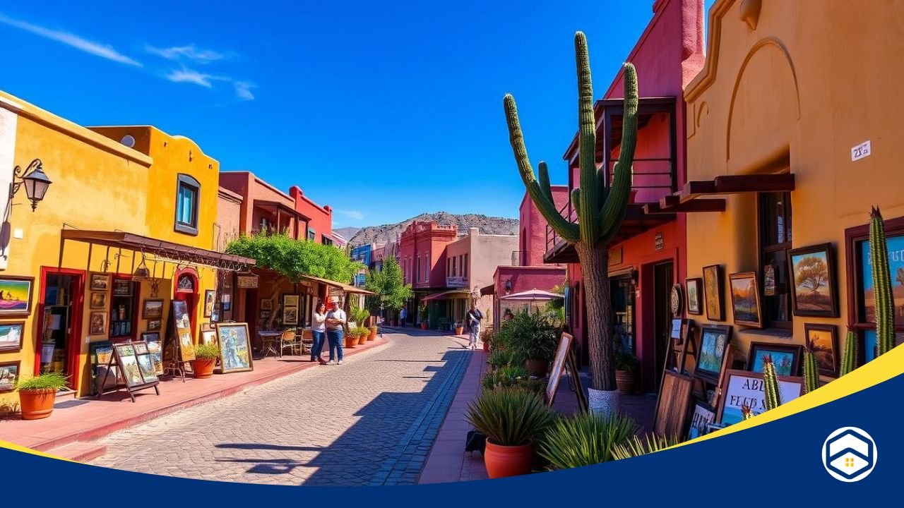 Colorful adobe buildings, art displays, and a large cactus line a sunny street in Santa Fe's Canyon Road area.