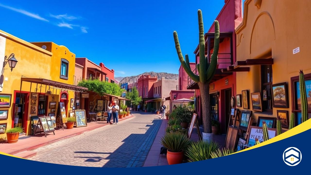 Colorful adobe buildings, art galleries, and a large cactus line a sunny, cobblestone street on Santa Fe’s Canyon Road.