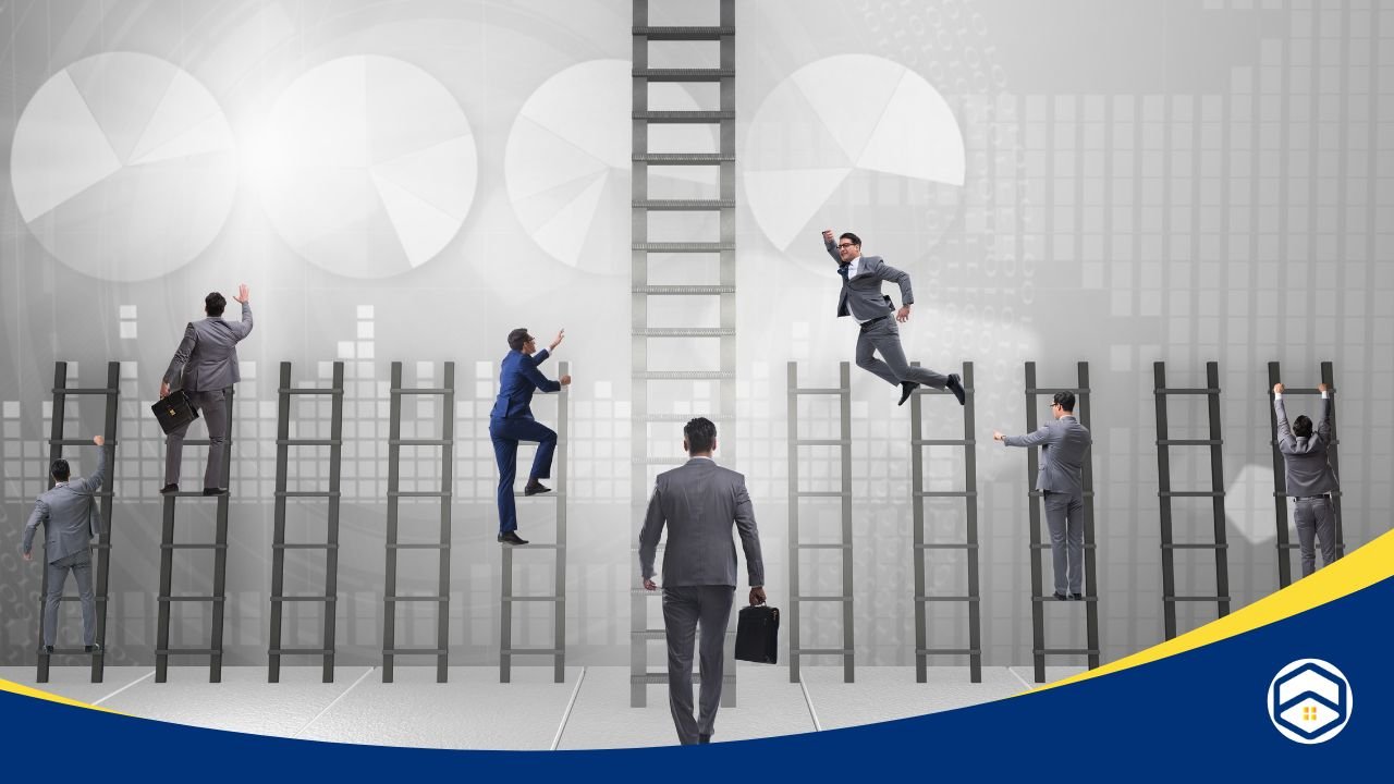 Business professionals climbing ladders symbolizing career growth, with charts and graphs in the background.