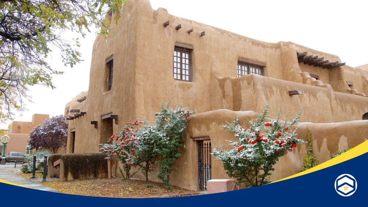 An adobe-style building in Downtown Santa Fe with snow-dusted plants and trees, showcasing traditional Southwestern architecture - Santa Fe neighborhood guide