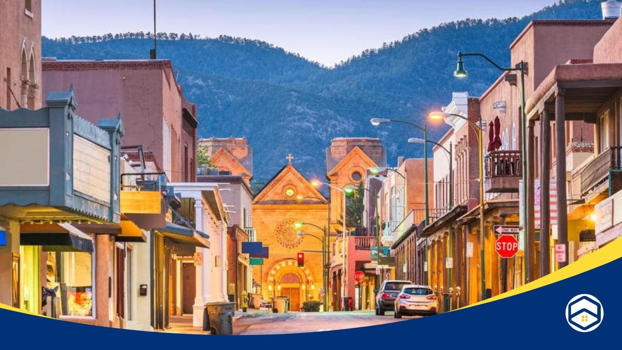 Charming Santa Fe street with adobe buildings, mountains in the background, and a historic church at sunset.