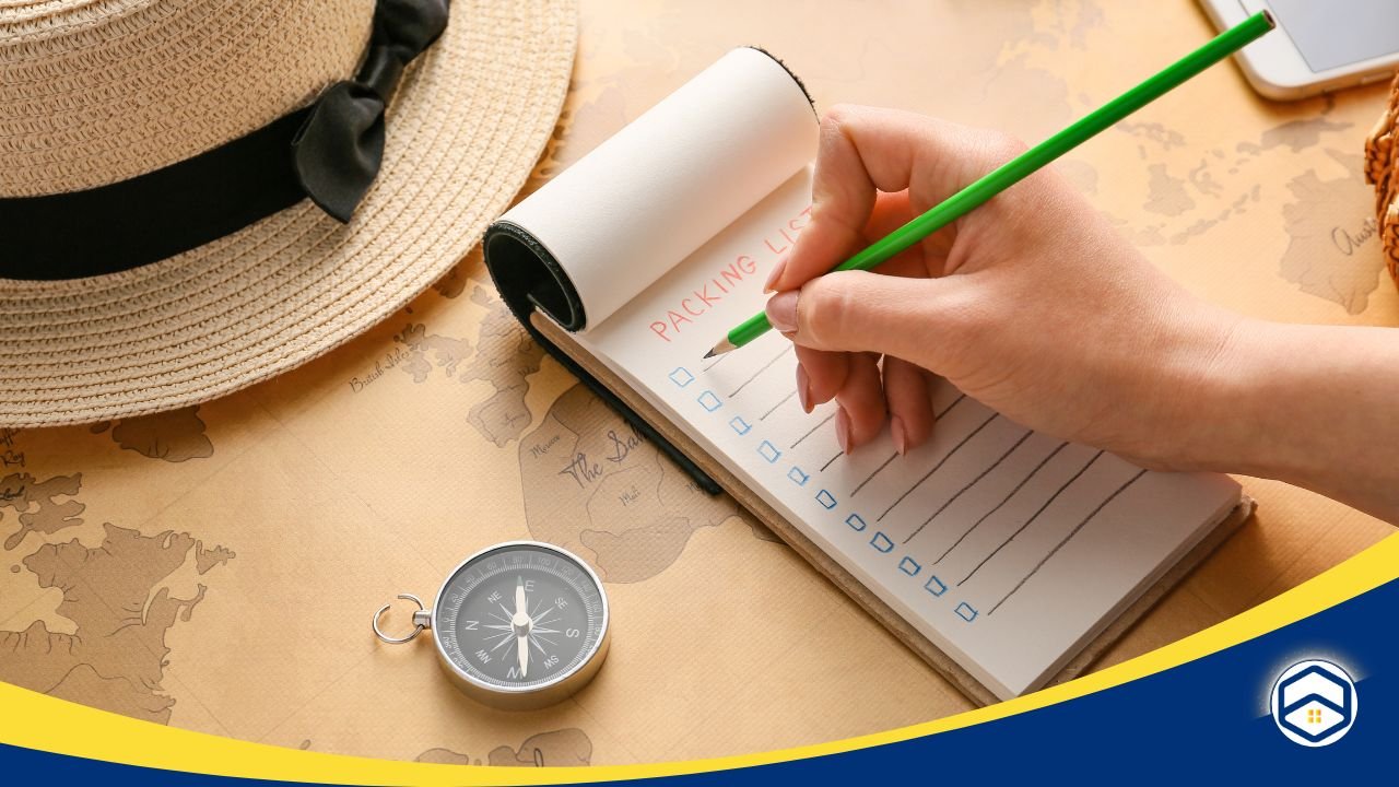 Handwriting a packing checklist on a notepad with a green pencil, placed on a map, alongside a straw hat and a compass, symbolizing organized travel or relocation.