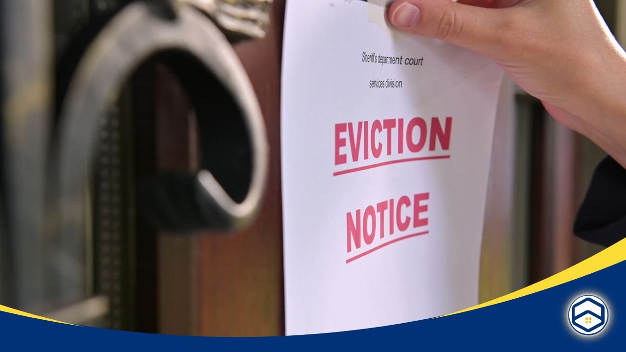 Eviction notice being posted on a door with a hand holding it in place.