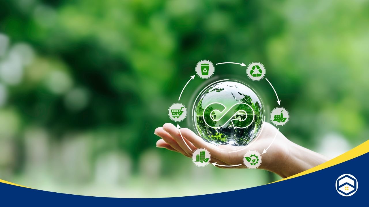 A hand holding a reflective globe with green circular economy icons representing sustainability, recycling, and growth.