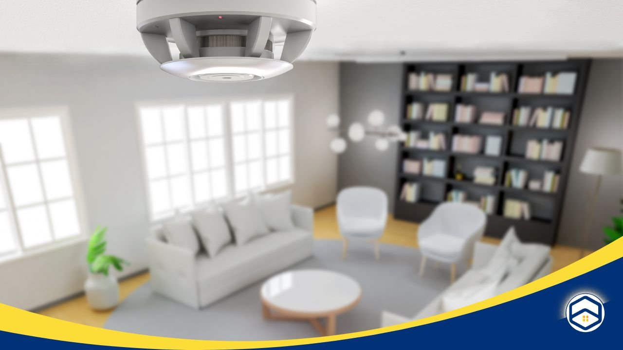 A modern living room featuring a ceiling smoke detector, emphasizing safety measures for insurance discounts.