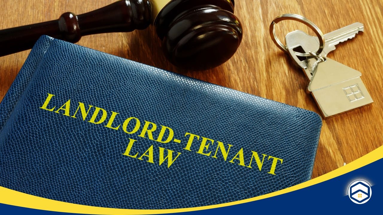 A 'Landlord-Tenant Law' book with a gavel and house keychain, symbolizing landlord duties