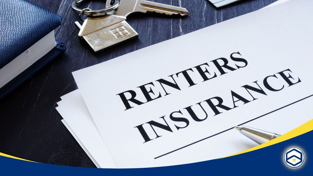 Document labeled 'Renters Insurance' with house keys and a pen on a dark wooden surface.