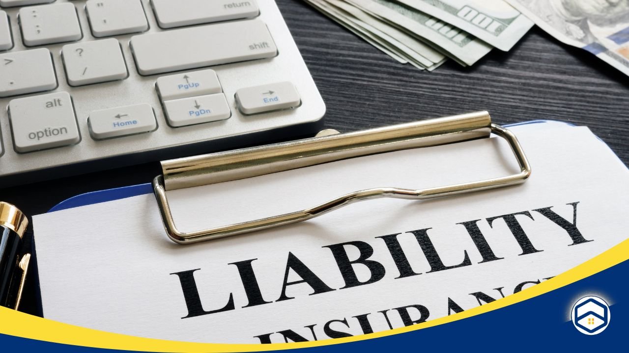 A clipboard with 'Liability Insurance' written on it, next to a keyboard and cash, symbolizing protection against legal and medical costs.