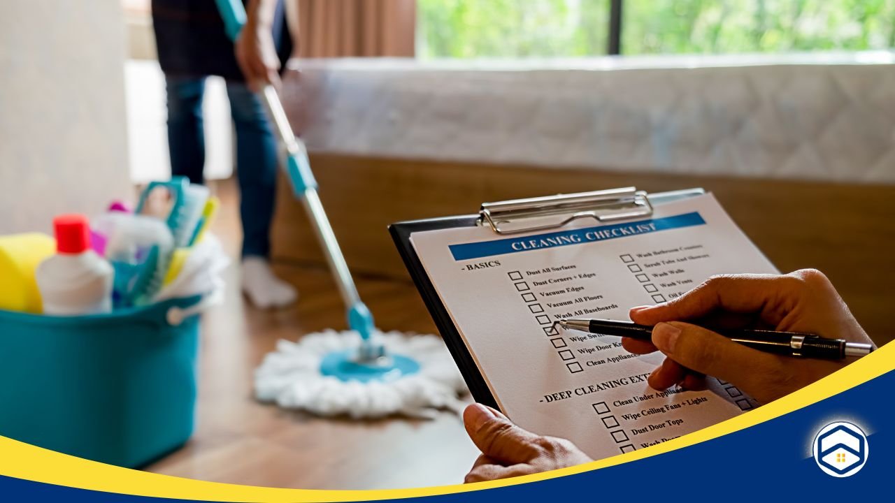 Hand holding a cleaning checklist clipboard, with cleaning supplies and a mop in the background.