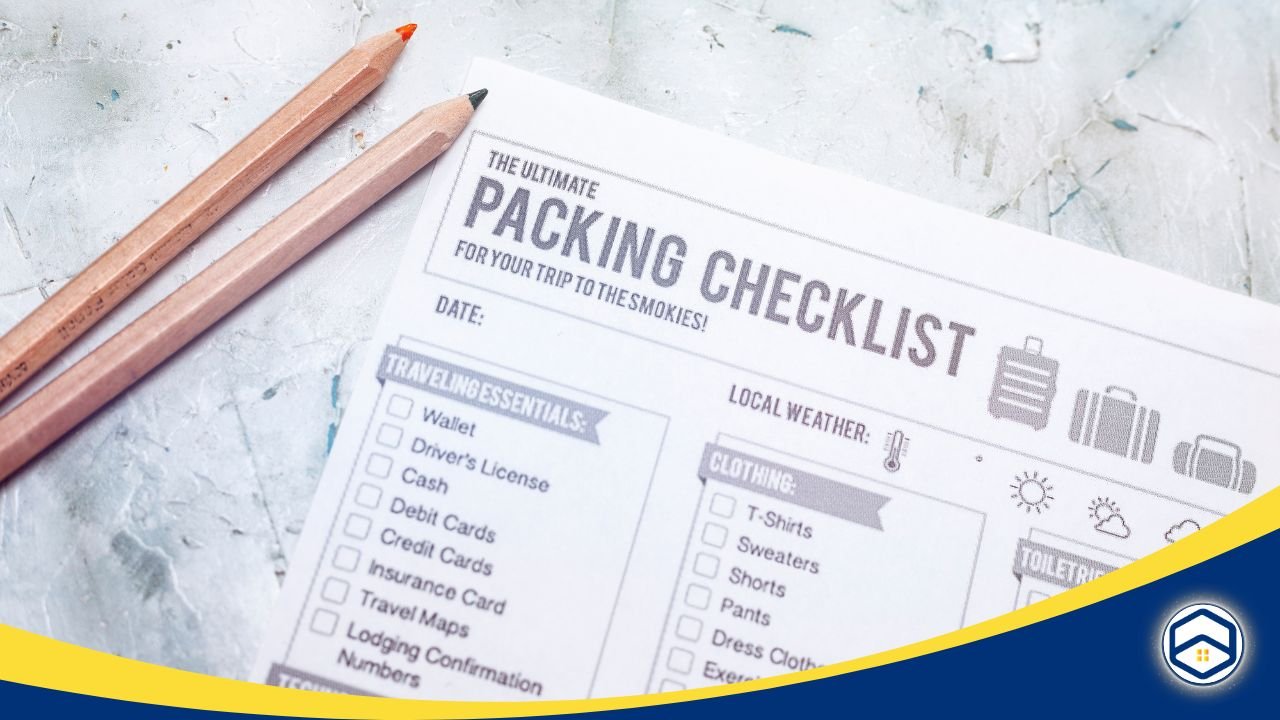 Close-up of a packing checklist with two pencils on a textured surface.