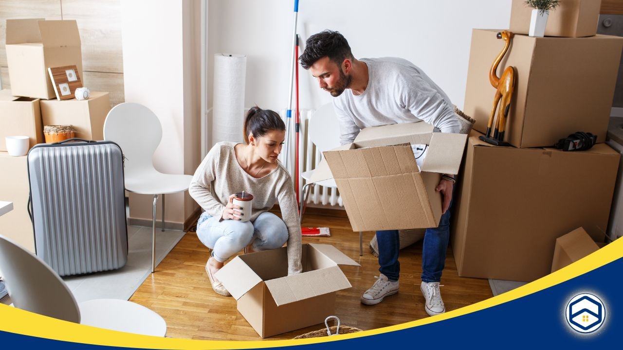 Couple packing and organizing boxes in a room filled with moving supplies.