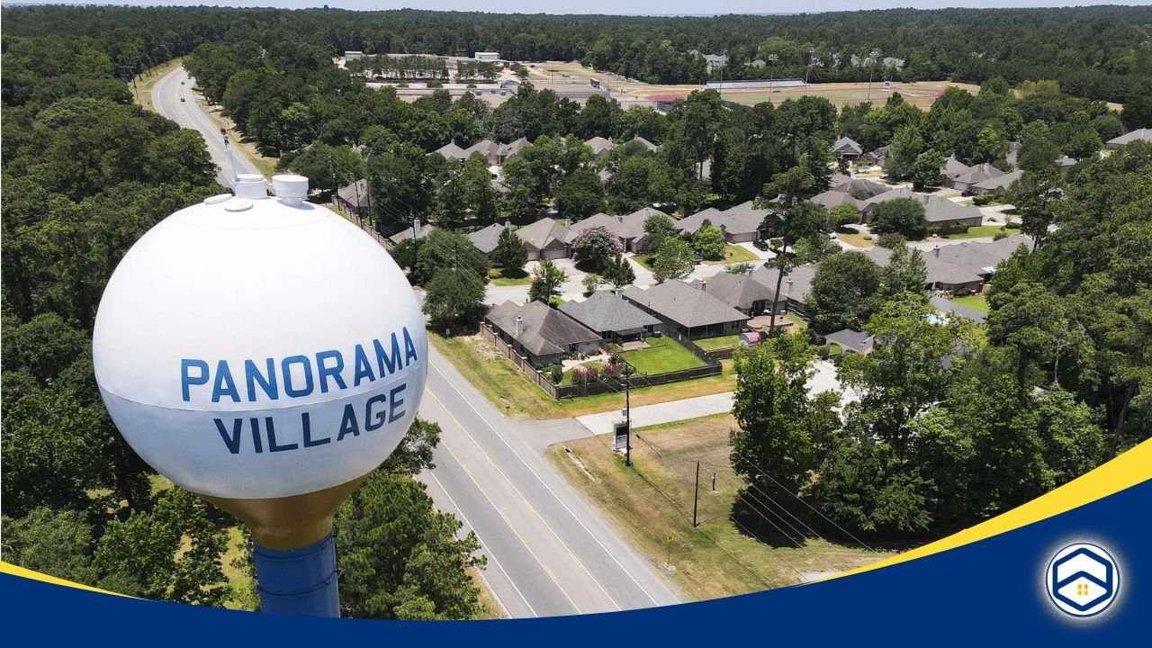 An aerial view of Panorama Village showcasing a water tower labeled "Panorama Village," surrounded by residential homes and green spaces illustrating for affordable communities Conroe