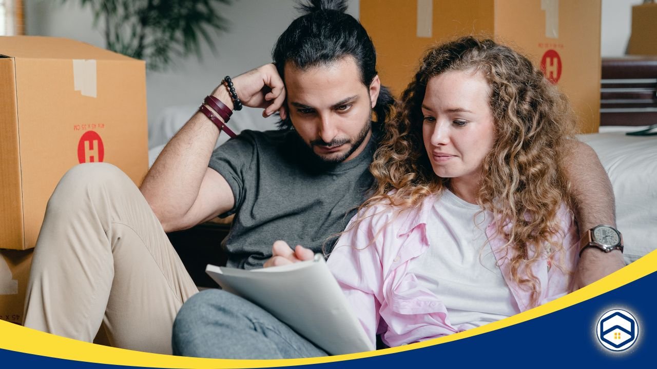 Couple sitting together reviewing a document, surrounded by moving boxes.