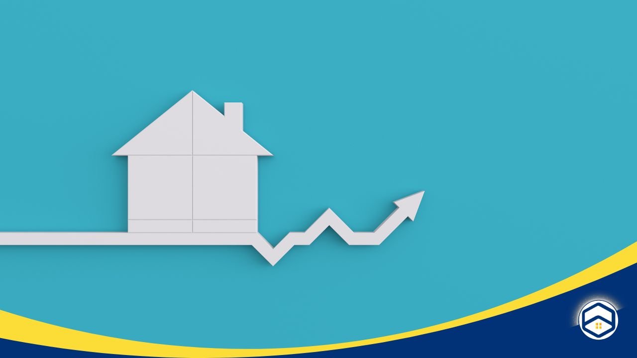 Illustration of a house with an upward arrow symbolizing growth, set against a blue background, representing rental market trends.