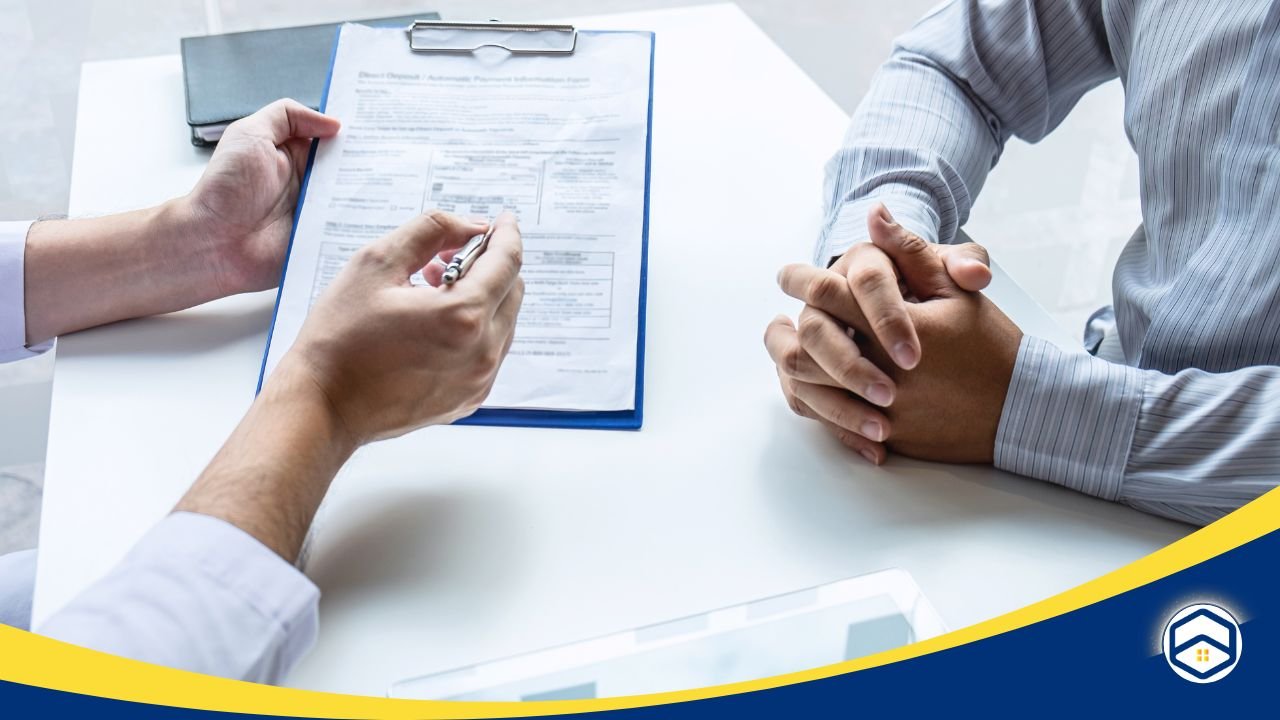 Two individuals discussing an insurance policy with a clipboard, symbolizing the importance of consultations for informed decisions.