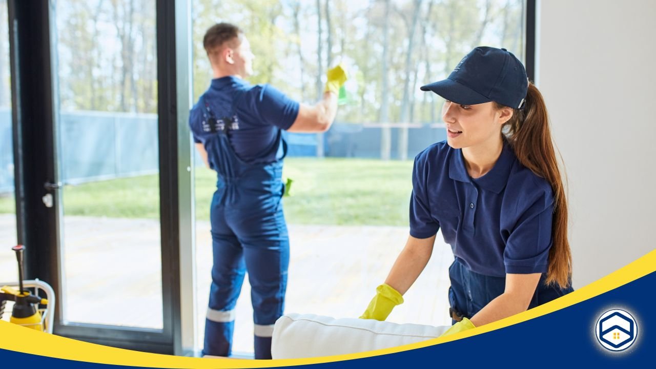 Professional cleaners in uniform working on a house, cleaning glass and surfaces.