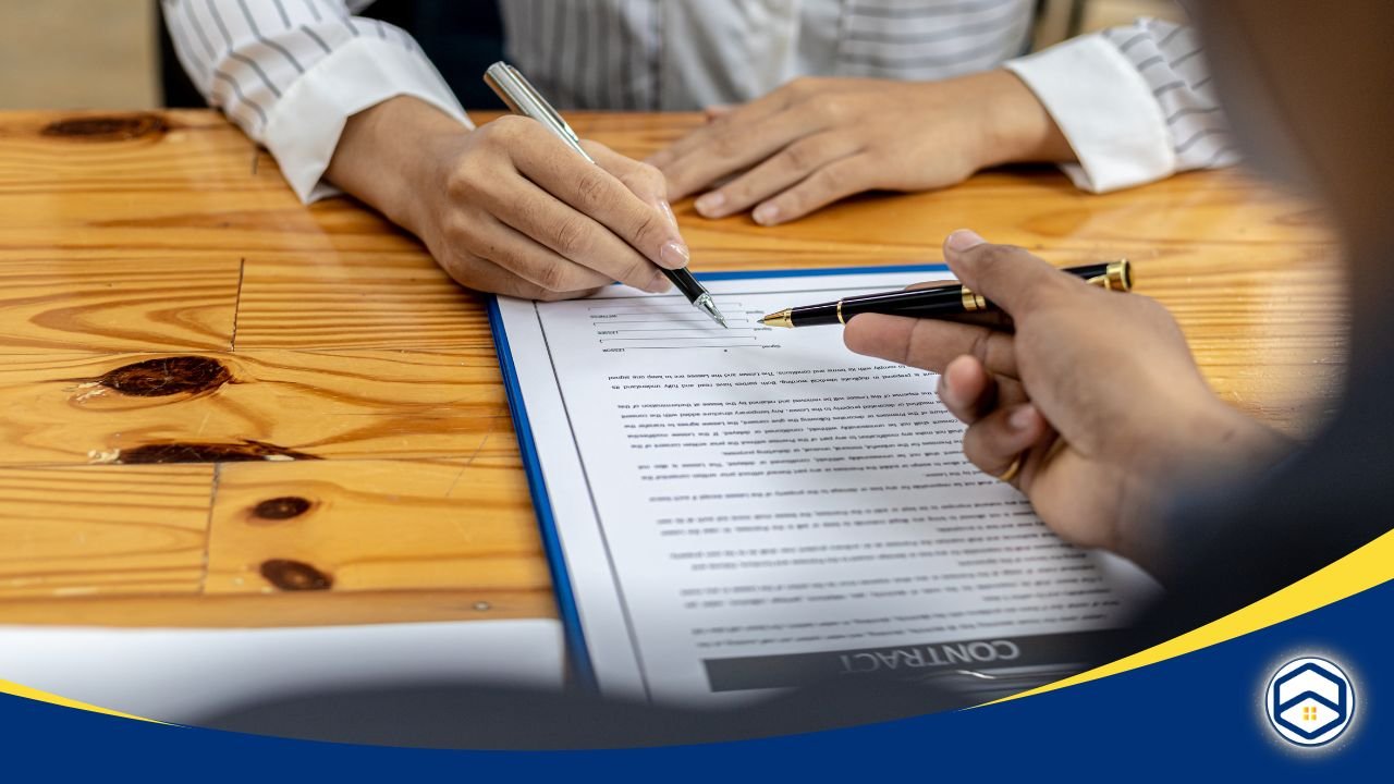 Two people reviewing and signing a rental contract on a wooden table, with pens in hand.