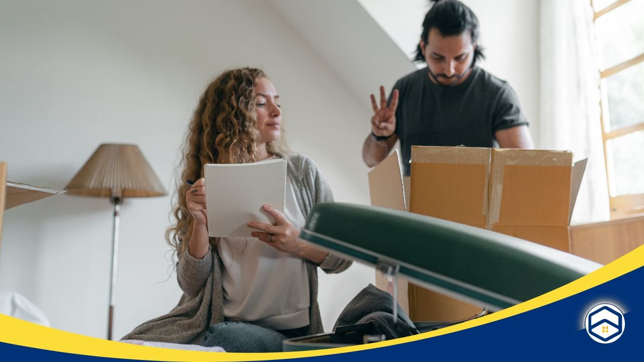 Couple organizing and packing while reviewing a checklist in a bright room.