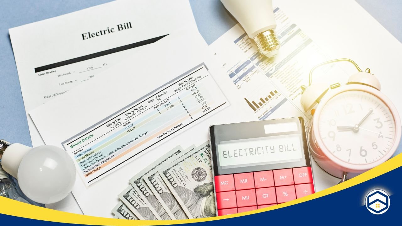 Utility bills, calculator, light bulbs, and cash on a desk, symbolizing monthly utility expenses.