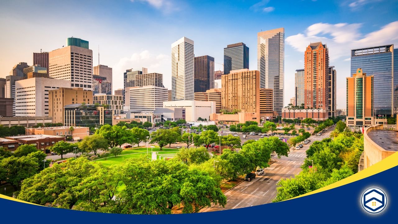 Downtown Houston skyline with modern high-rise buildings, green parks, and streets lined with trees under a clear blue sky illustrating for safe areas in Houston.