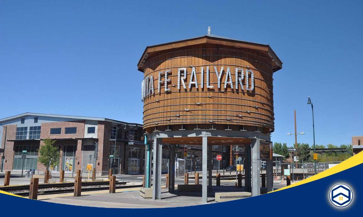 The historic La Fe Railyard in Santa Fe, New Mexico, showcasing affordable housing options and a vibrant community atmosphere for budget-conscious renters.