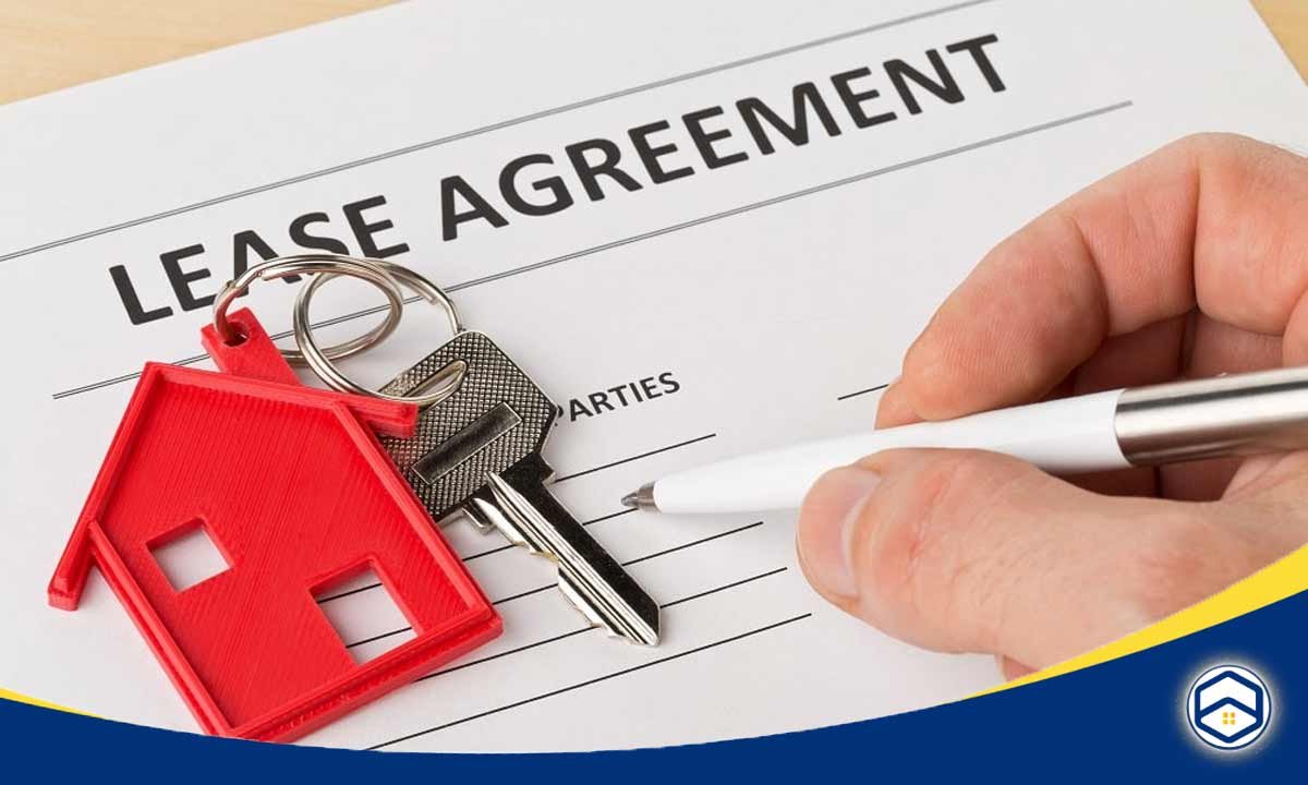 The image shows a lease agreement document with a set of keys, which is relevant to the topic of breaking a lease in Houston.