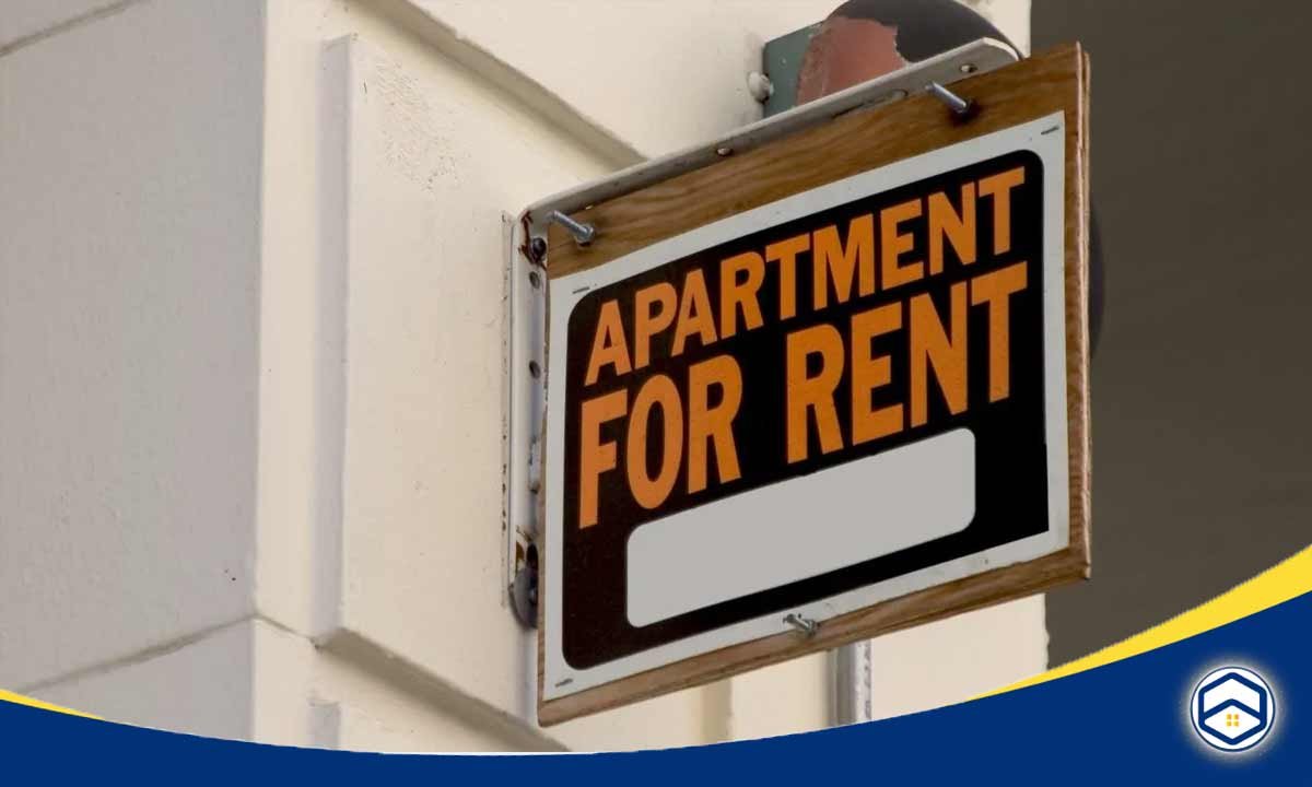 The image shows a sign indicating that an apartment is "For Rent", which would be relevant in the context of discussing credit check requirements for renting an apartment in Conroe.