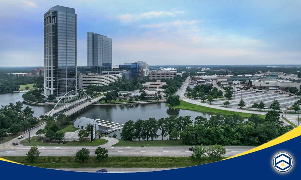 The image shows an aerial view of the Oak Ridge North neighborhood in Conroe, Texas, which appears to be a well-planned, family-friendly community.