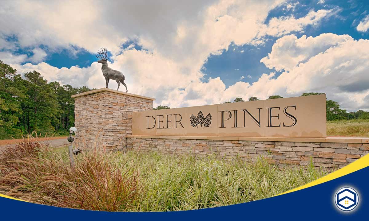 The image shows the entrance sign for the Deer Pines neighborhood in Conroe, Texas, which appears to be a well-planned, family-friendly community.