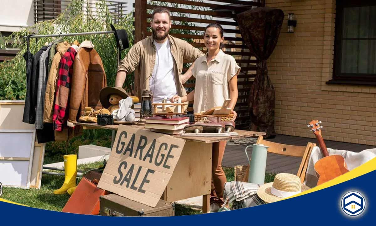 The image shows a couple hosting a garage sale, which would be relevant to include in the "Decluttering Before the Move”