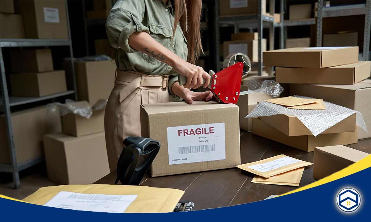 The image shows a woman packing a fragile item into a cardboard box, which would be relevant to include in the "Packing Like a Pro" section of the blog post on Conroe Moving Tips.