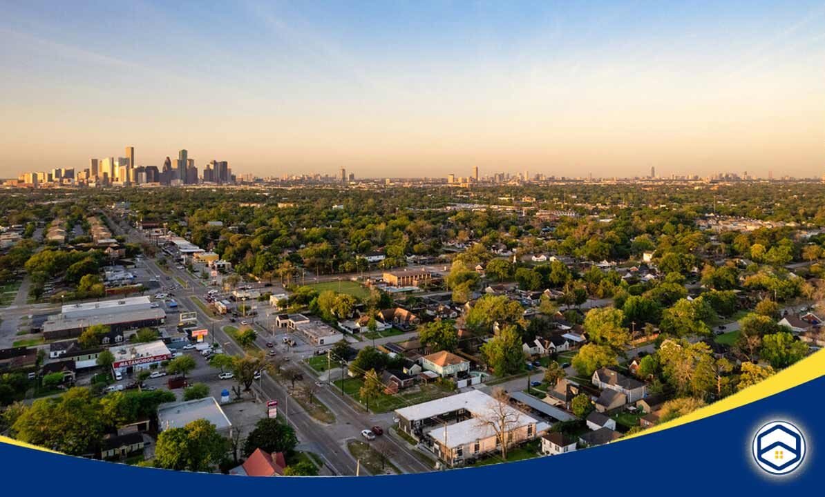 The image appears to show an aerial view of the Near Northside neighborhood in Houston, Texas. 