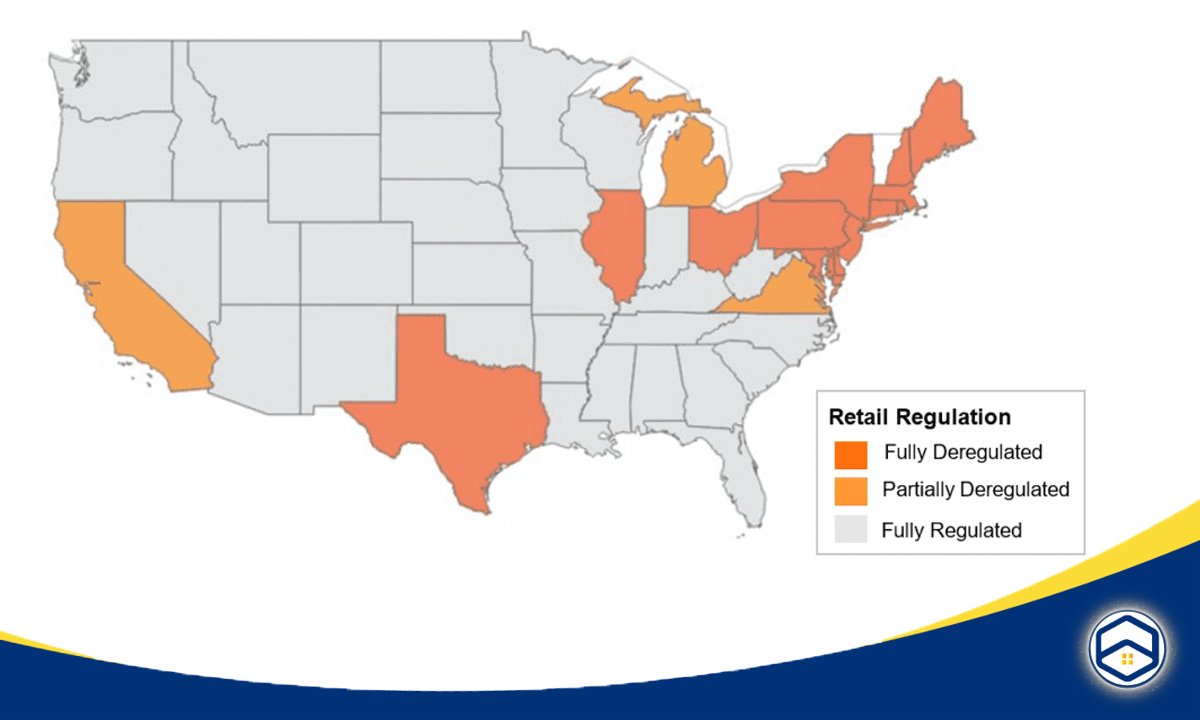 The image provides a visual representation of the retail regulation landscape across the United States, highlighting the different levels of deregulation in the electricity market