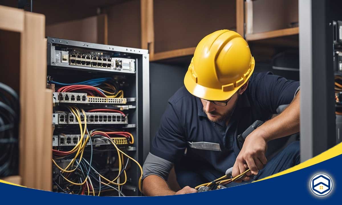 The image hows a technician working on a network or electrical equipment setup. The image shows a man wearing a hard hat and working on a rack of network equipment and cables.