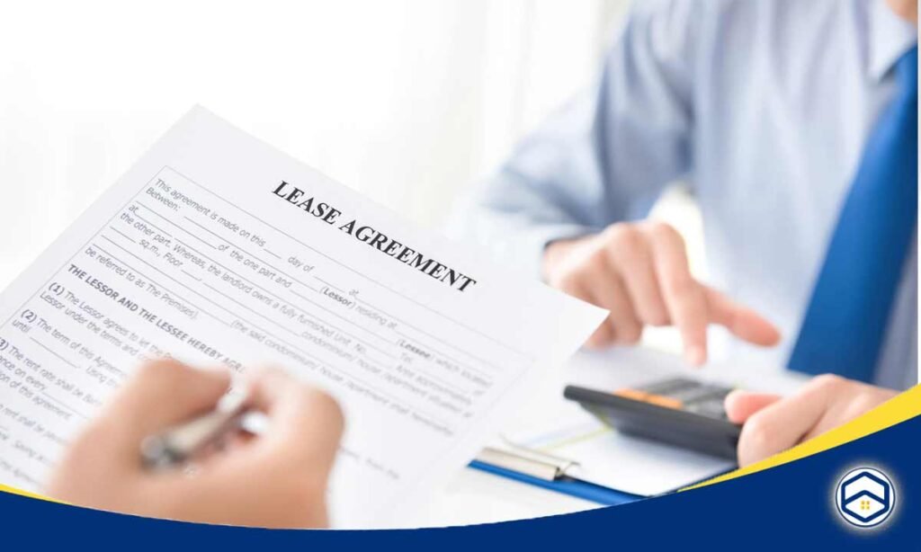 The image shows a real estate agent reviewing a lease agreement with a couple, which is directly relevant to the topic of how to apply for an apartment in Santa Fe.