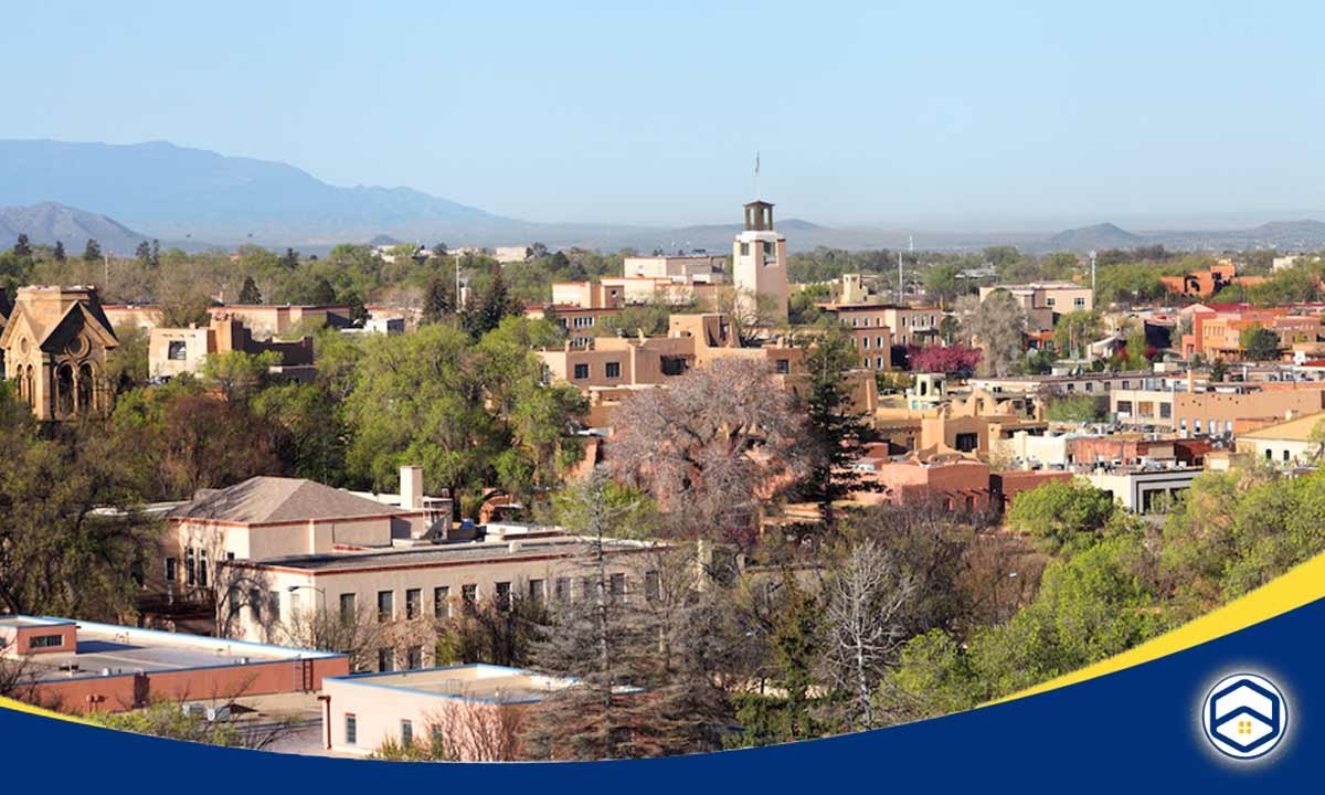 The image appears to show a panoramic view of the historic Eastside neighborhood in Santa Fe, New Mexico. 